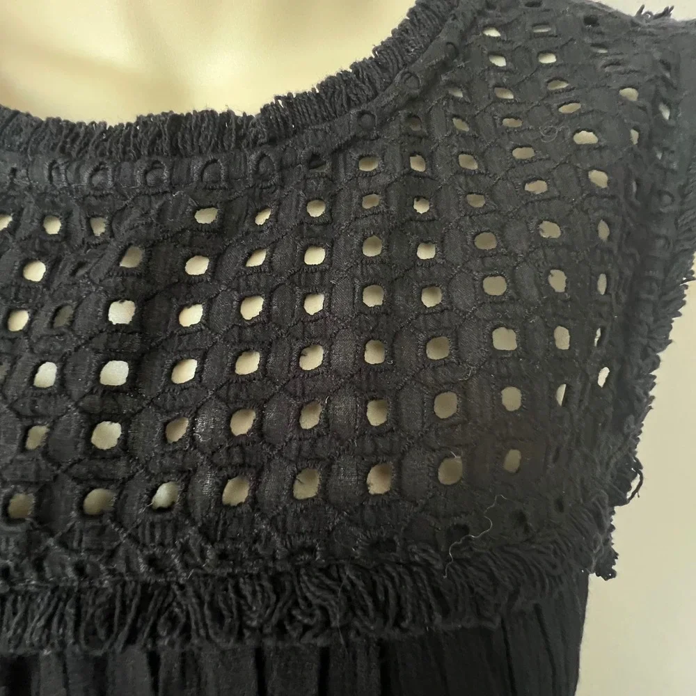 Tommy Bahama Womens Eyelet Crochet Black Fringe Dress M Black Boho Coastal Beach - Picture 3 of 9